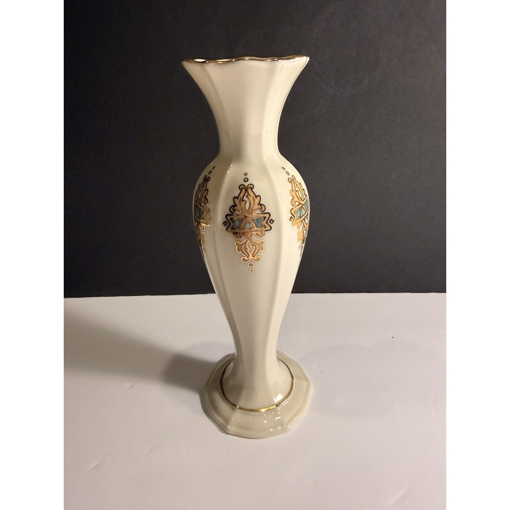 Beautiful Lenox Catalan Bud Vase 7.75" Ivory Gold Blue Accent Porcelain USA